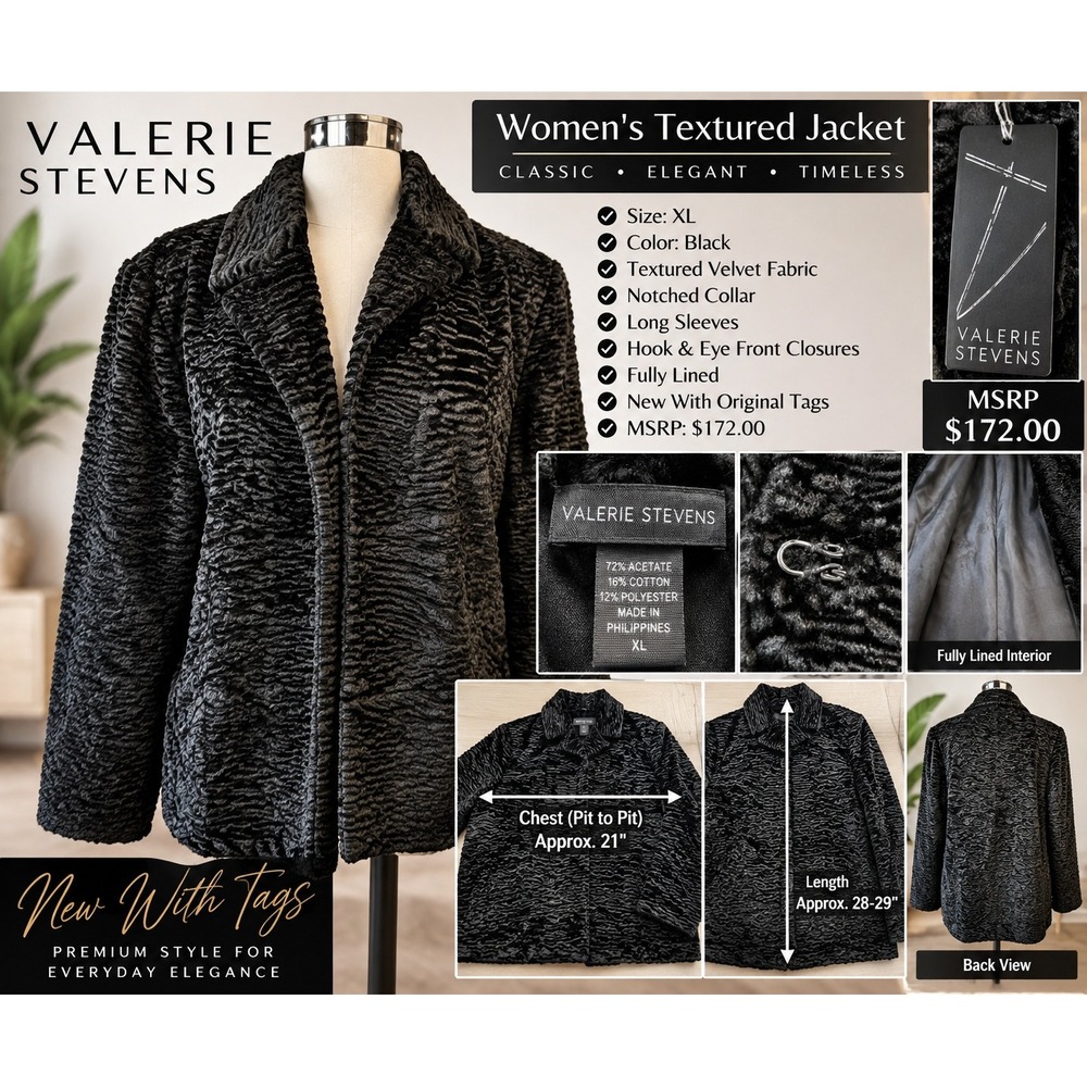 Valerie Stevens Womens XL Black Textured Faux Fur Jacket Notched Collar 19297